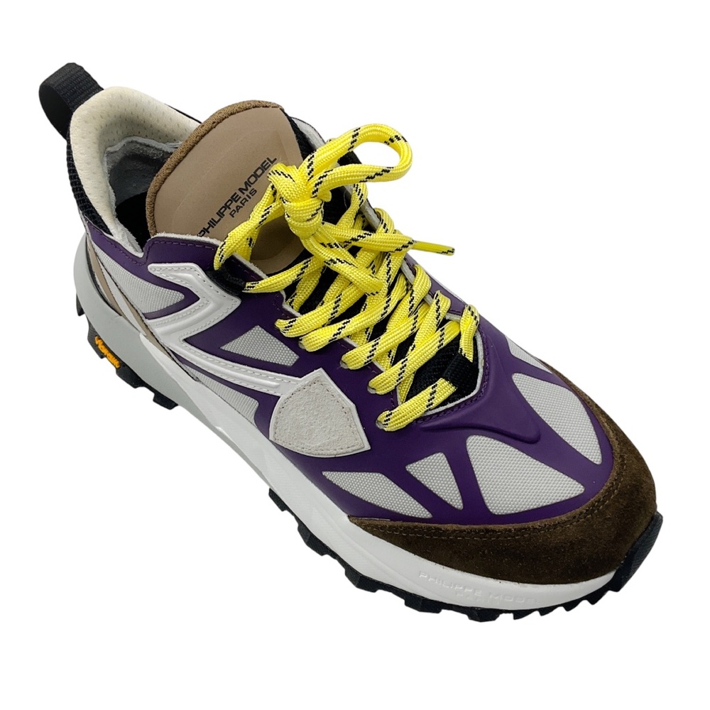 PHILIPPE MODEL PURPLE / GREY ROCX NYLON AND LEATHER LOW TOP SNEAKERS